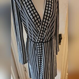 NWT Tory Burch Black, Blue and White Striped Textured Wrap Dress